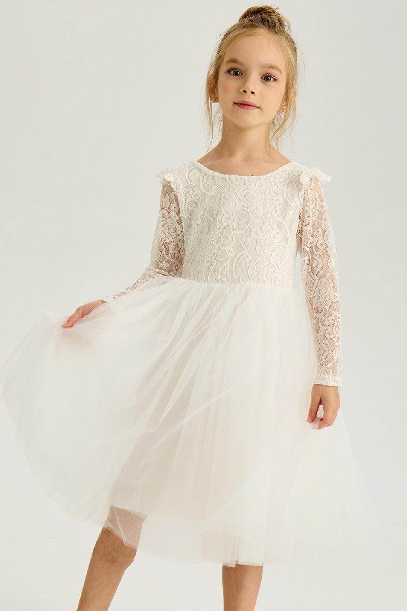 A-Line Scoop Neck Long Sleeve Lace Midi Flower Girl Dresses 850587397012 - COCOMELODY
